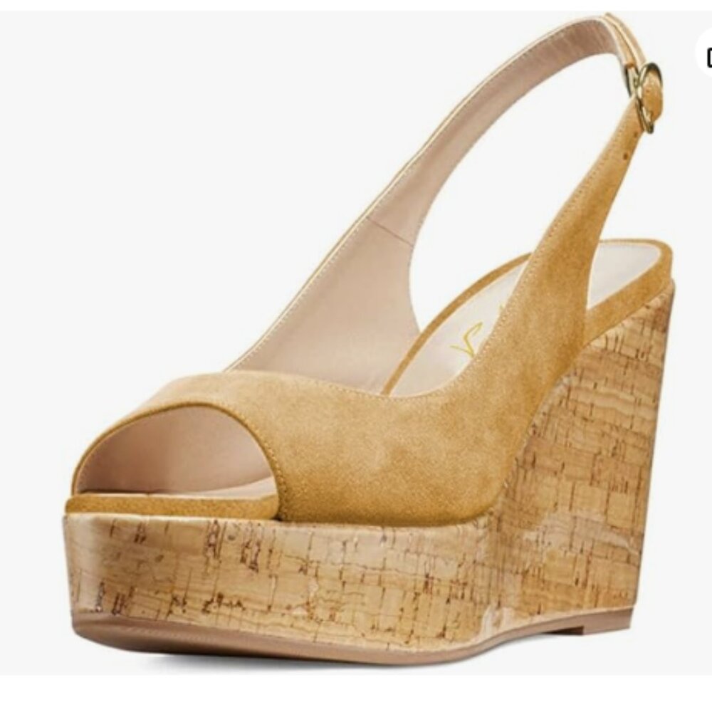FOWT Women Peep Toe Slingback Platform Wedge Sandals High Heel Buckle Brown